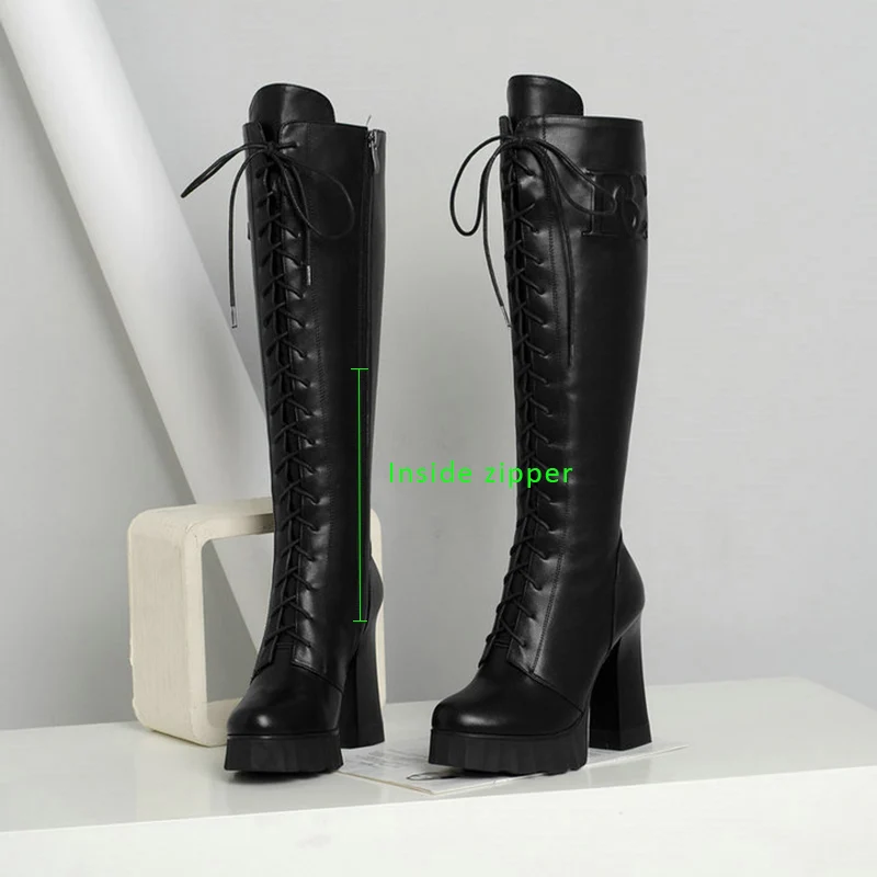 Женские сапоги на шнуровке до колена из натуральной кожи платформе 3 см высокий