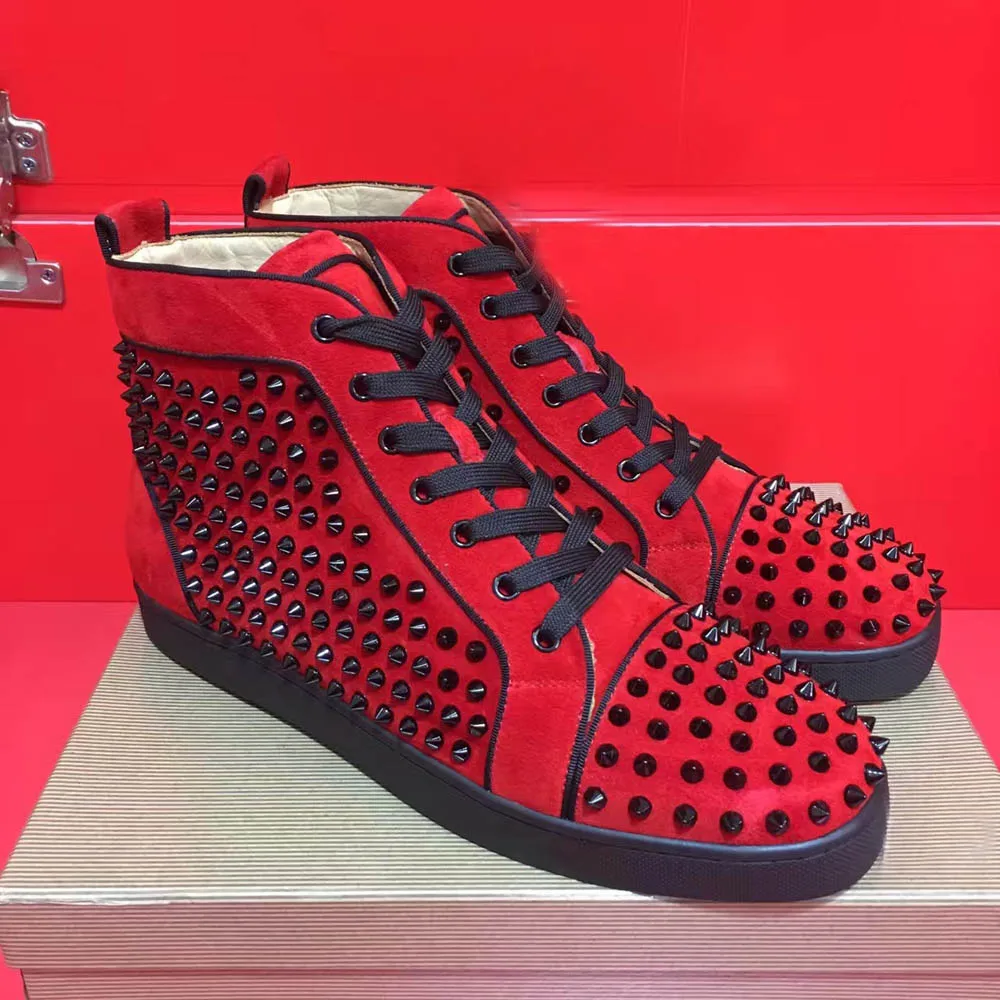 

High Quality Classical Luxury Red Bottom Sneakers Women Red Suede Genuine Leather High Top Black Spikes Casual Shoes For Men