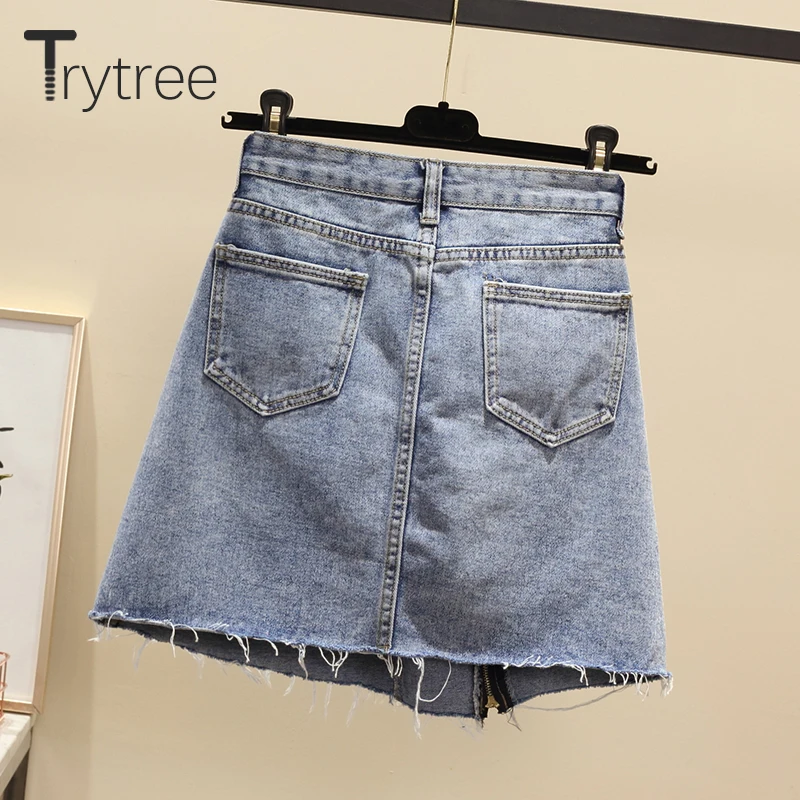 Trytree 2020 Summer Women Skirt Casual Button Pockets Hem Zipper Tassel Fashion A-line All-Purpose Style Cowboy | Женская одежда