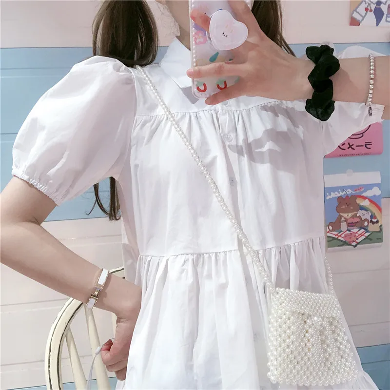 

Women Summer New Casual Solid color Dress Young Girl Student Loose A-Line Dress Sweet Lapel Small fresh Cake Dress Preppy Style