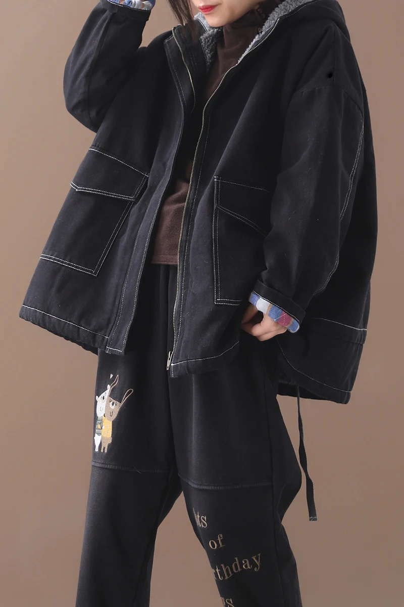 

Female new winter korean style plus size jacket literary hooded outerwear open-line crimped with velvet loose denim coat