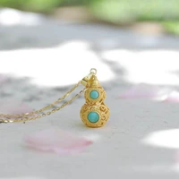 snew silver inlaid natural turquoise hollow gourd pendant necklace with chinese unique ancient gold craft charm womens jewelry