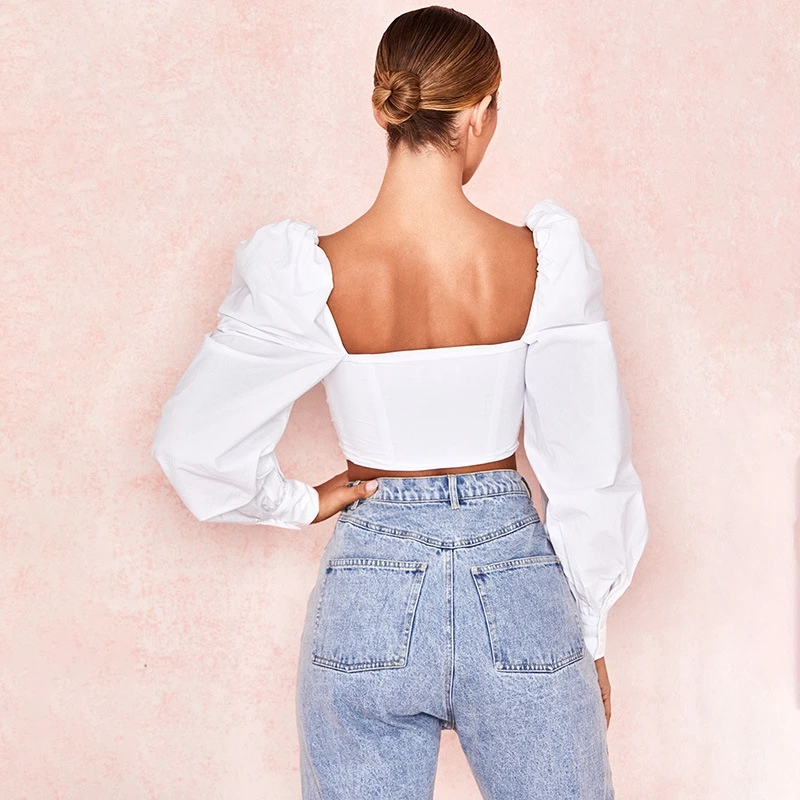 

Women Sexy Crop Top Shirt Female Long Puff Sleeve Bandage Hollow Out Clothes White Black Blouses Top 2020 Fashion Streetwear