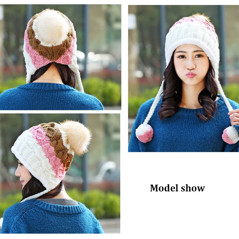 

Fashion Fur Pompom Winter Hats for Women Wool Warm Crochet Knitted Hat Mixed Color Thicker Skullies Beanie Hats Female Twist Cap