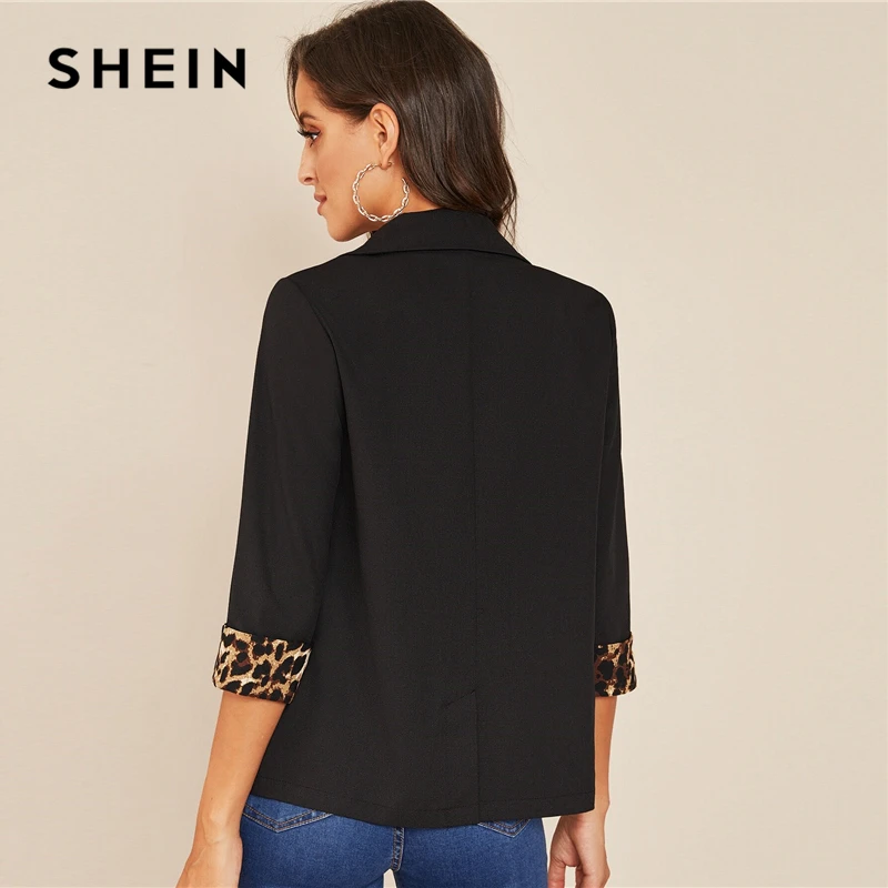 SHEIN зазубренный воротник Леопардовый принт рукава с манжетами элегантный блейзер для женщин осень с закатанными рукавами офисные женские куртки-блейзеры