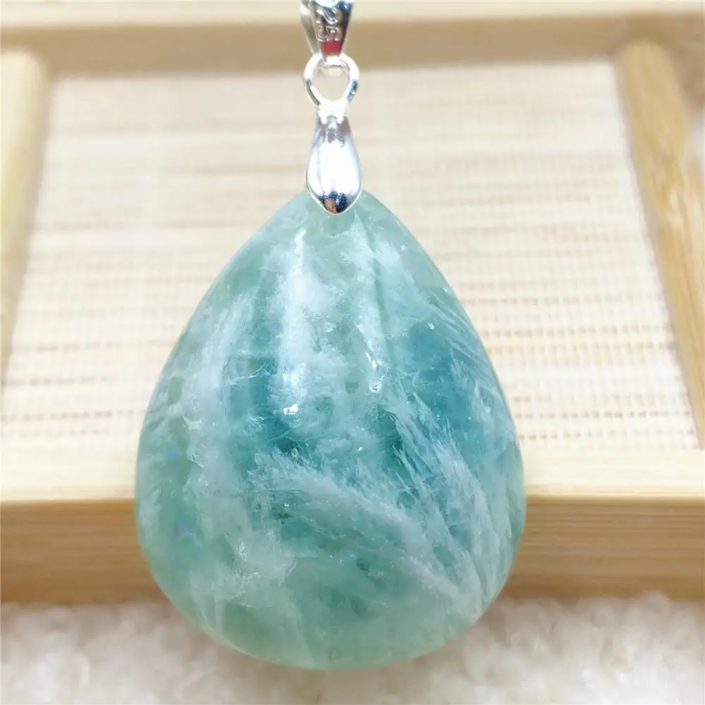 

100% Natural Green Feather Fluorite Quartz Colorful Pendant Women Men Water Drop 31x25x13mm Fluorite Necklace Jewelry AAAAA