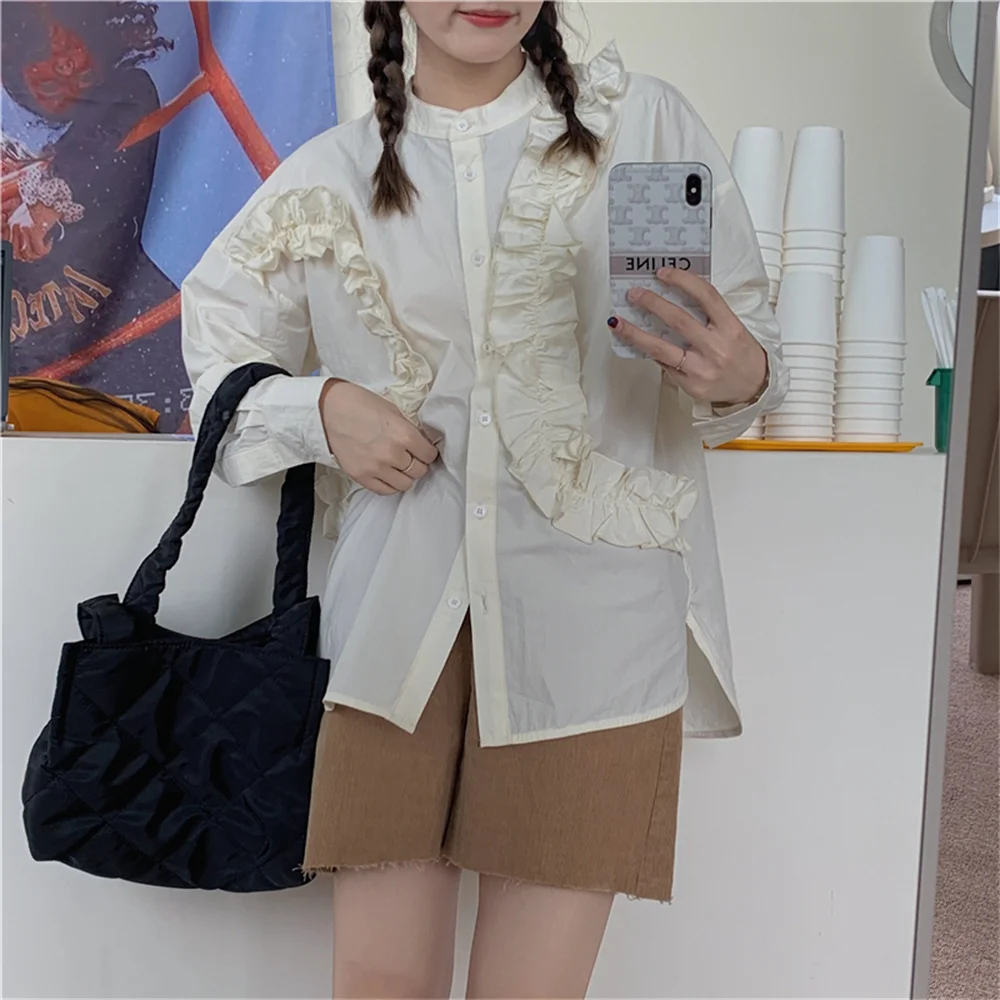 

HziriP 2021 Ruffles Chic Outwear Full Sleeves All Match O-Neck Basic Loose Summer Solid Tops Casual Stylish New Hot Brief Shirts