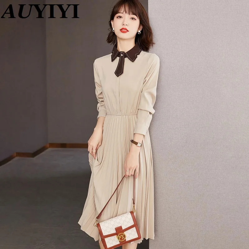 

AUYIYI 2021 Autumn Fashion And Elegant Design Temperament Lapel French Mid-Length Dress With Large Hem Shirt Skirt