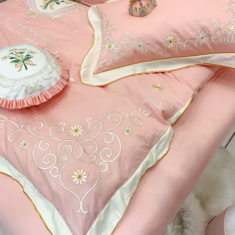 

New Luxury egyptian cotton flowers embroidery Bedding Set Bed cover queen king size bedsheet Duvet Cover 4pcs Bed set