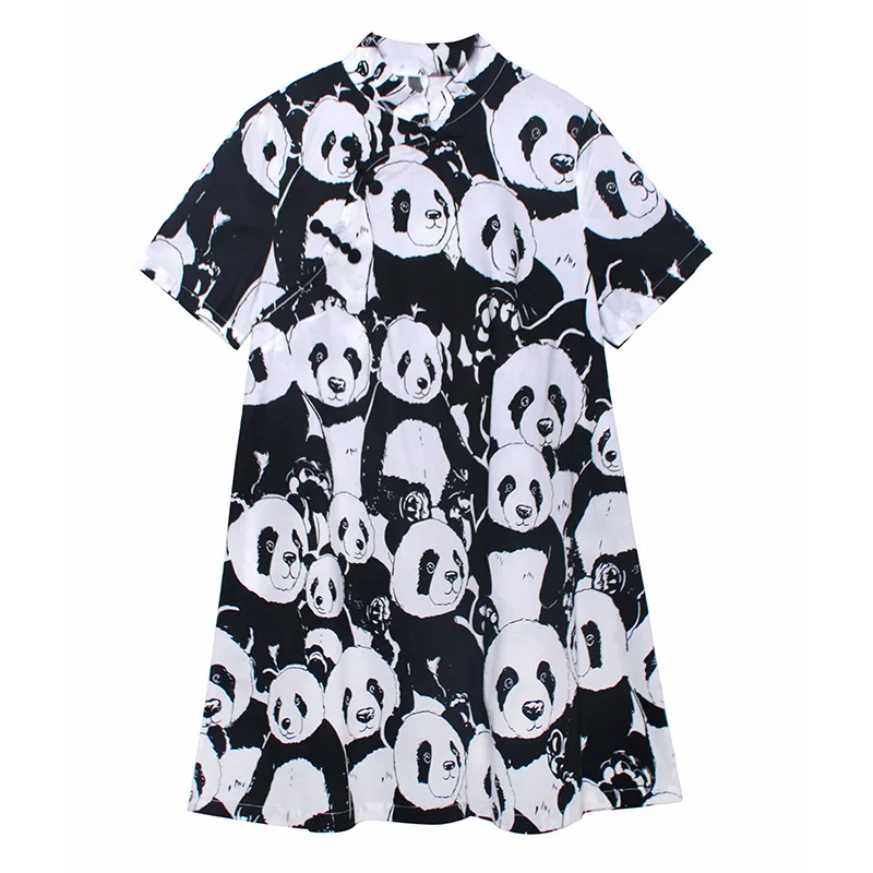 

QING MO Women Tempweament Dress 2021 Summer Newest Women Panda Printed Dress Female Plus Size A Line Dress ZQY7356