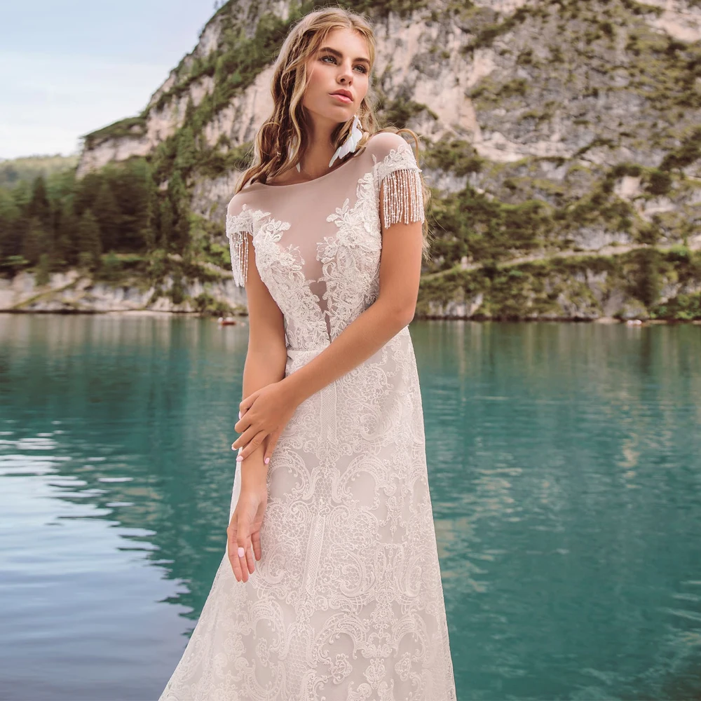 

Vestidos Elegant Wedding Dresses Lace Appliques Tassel Bateau Short Sleeve Zipper A-Line Bridal Gowns