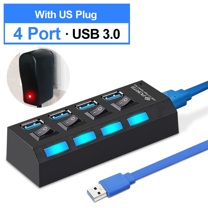 4 Port 3.0 With US Usb-хаб 3,0 Мульти USB 3,0 концентратор USB разветвитель 2,0 Hab несколько 4/7 портов расширитель с адаптером питания Компьютерные аксессуары для ПК - Цвет: 4 Port 3.0 With US