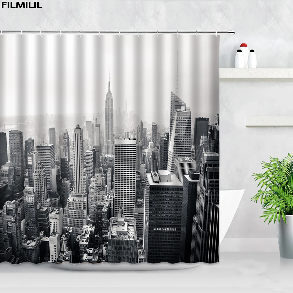 Black White New York City Scenery Shower Curtains Set 3D Building Home Wall Backdrop Decor Nordic Polyester Bathroom Bath Screen