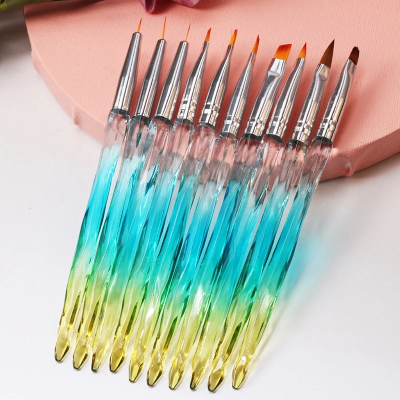 

10Pcs Nail Art Brushes Set Colorful Gradient Plastic Crystal Handle UV Gel Liner Stripe Painting Dotting Pen DIY Manicure Tools