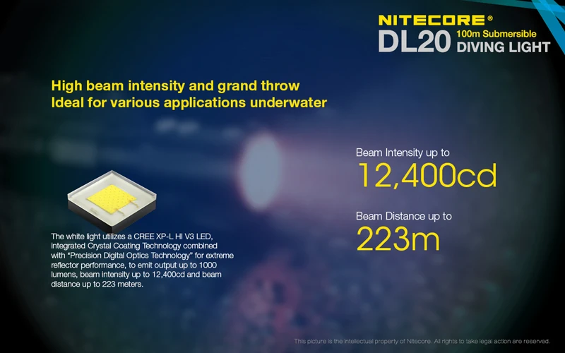 100 метров погружной ультра водонепроницаемый фонарик NITECORE DL20 1000 Люмен двойной источник света для подводного спорта