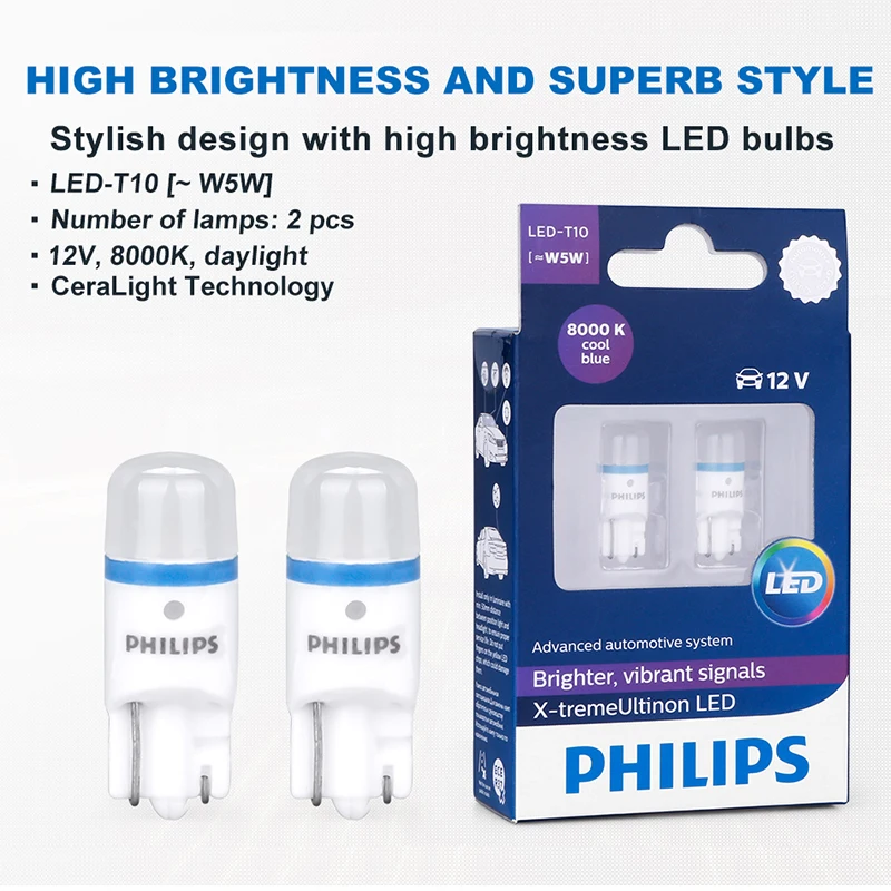 Philips 2шт T10 W5W LED X-tremeUltinon лампа для салона и сигналов 12В холодный белый сголубым 8000К