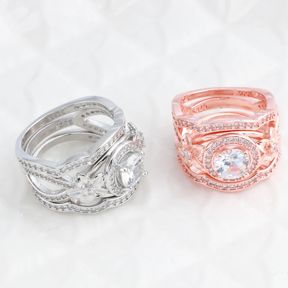 

New 3-pcs Ring Set Fashion Carving Flowers Inlay Round Cubic Zirconia Geometric Fine Jewelry Luxury Wedding Rings For Women