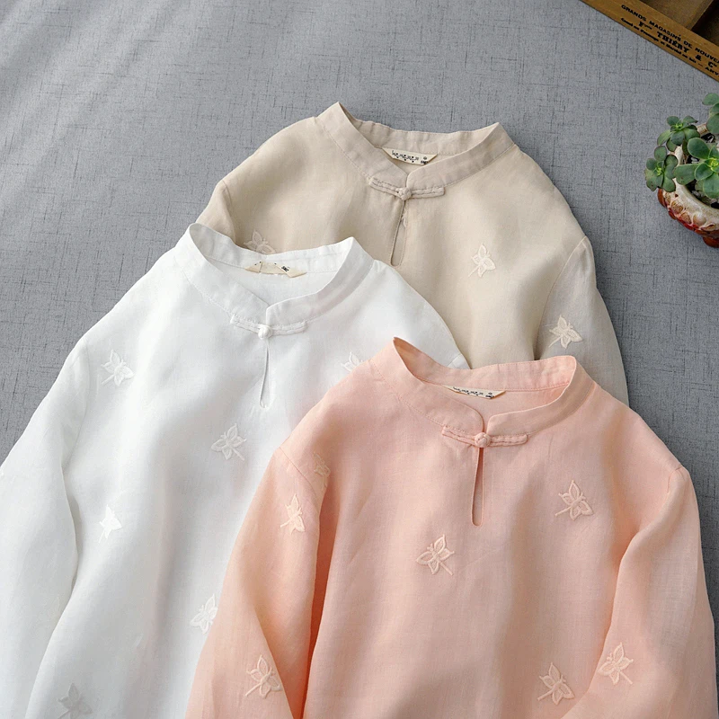 

Блузка женская в китайском стиле, комфортная тонкая Свободная рубашка из рами с вышивкой бабочки, на пуговицах, с водной стиркой, весна-лето