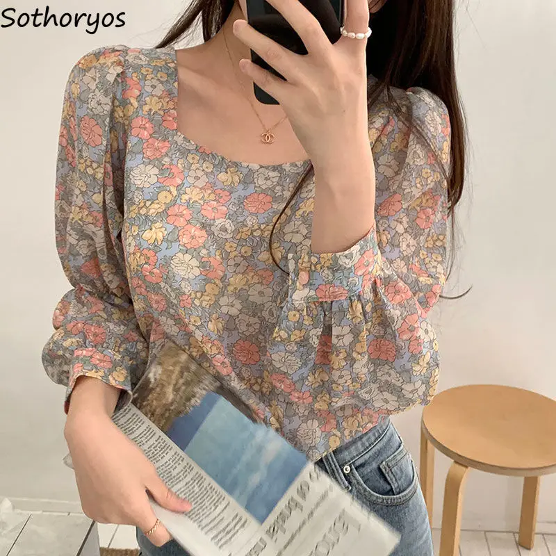 Women Shirts Floral Print Long Sleeve Square Collar Female Elegant Blouses Korean Style Vintage Casual Fashion Ulzzang Retro Top