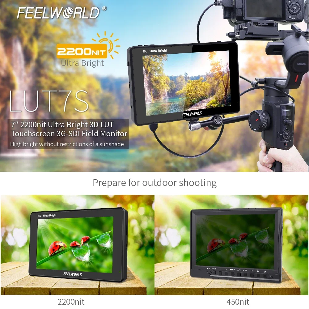 

Feelworld LUT7S 7 Inch Ultra Bright 2200nits 3G-SDI 4K-HDMI 3D-LUT FHD IPS Panel Touch Screen DSLR Camera Field Monitor