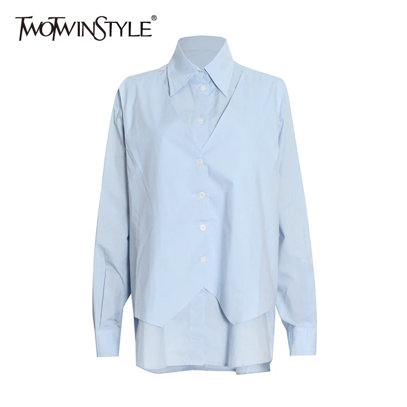 

TWOTWINSTYLE Blue Shirts For Women Loose Lapel Long Sleeve Lightweight Straight Plain Blouses Female 2021 Autumn Fashion Clothes