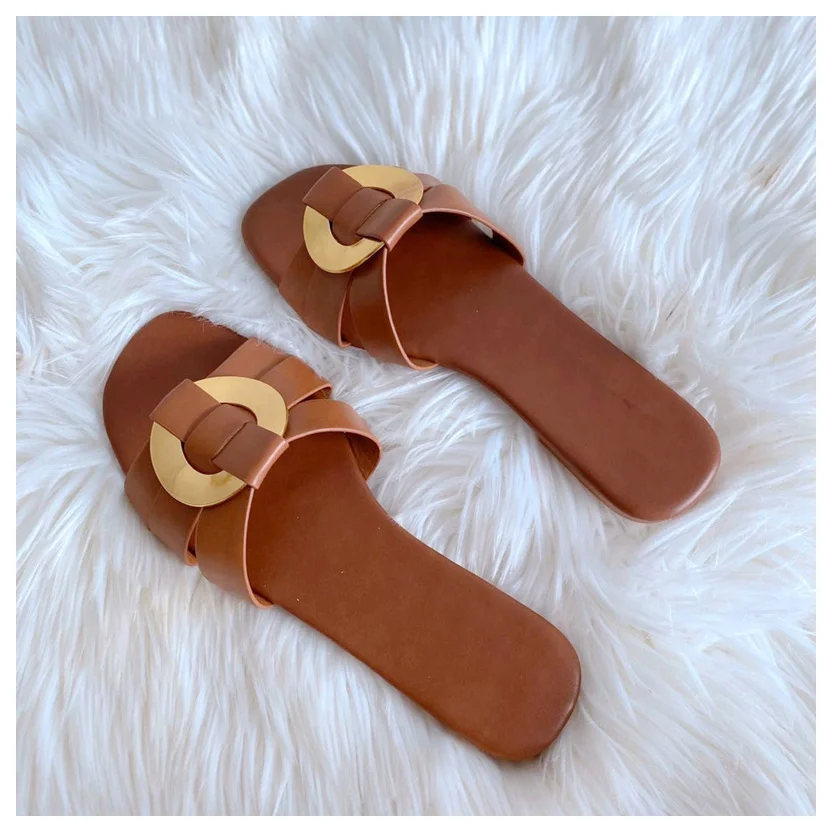 

2021 Summer Slippers Women Brand Slide Flat Casual Sandal Female Beach Flip Flops Metal Buckle Slipper Big Size 41 Zapatos Mujer