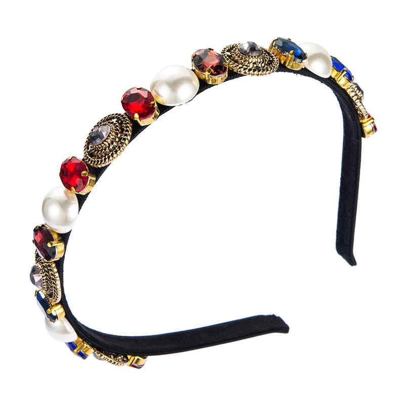 

King Shiny Baroque Color Diamond Crystal Headband Vintage Imitation Pearl Black Velvet Hairband Girls Party Jewelry Tiara Bezel