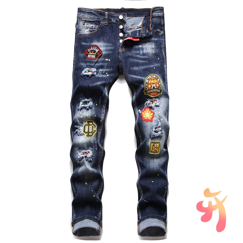 

DSQ2 Brand Mens Slim Elastic Jeans Fashion Hip Hop Stretch Damage Hole dsq Patchwork Pants