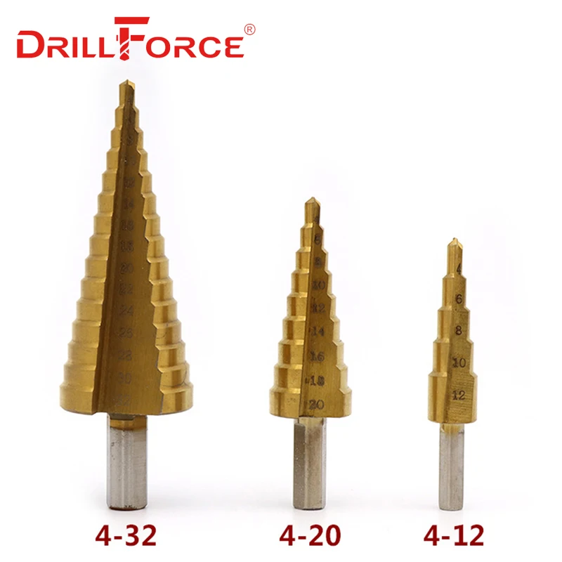 Drillforce 3 шт. большой шаг конус HSS Сталь Титан спираль рифленые Шаг сверло набор дыра резак инструмент для резки на возраст от 4 до 12 лет/20/32 мм+ деревянная коробка