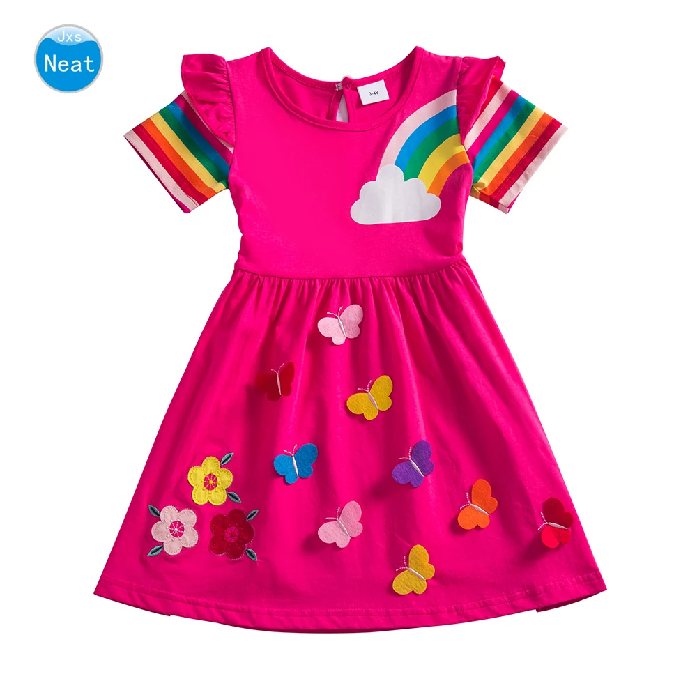 

Jxs Neat Girls Summer Cotton Short Sleeve Dress Rainbow Flowers Butterfly Embroidery Girl Casual Dresses for 3-8 Years