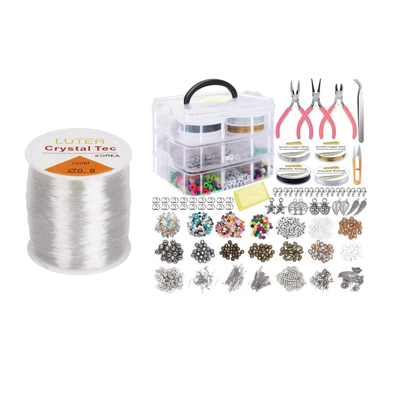 

0.8mm Clear Bead Cord Crystal Elastic Stretchy Bracelet String & Jewelry Making Tool Kit Includes Beads, Crystal Thread