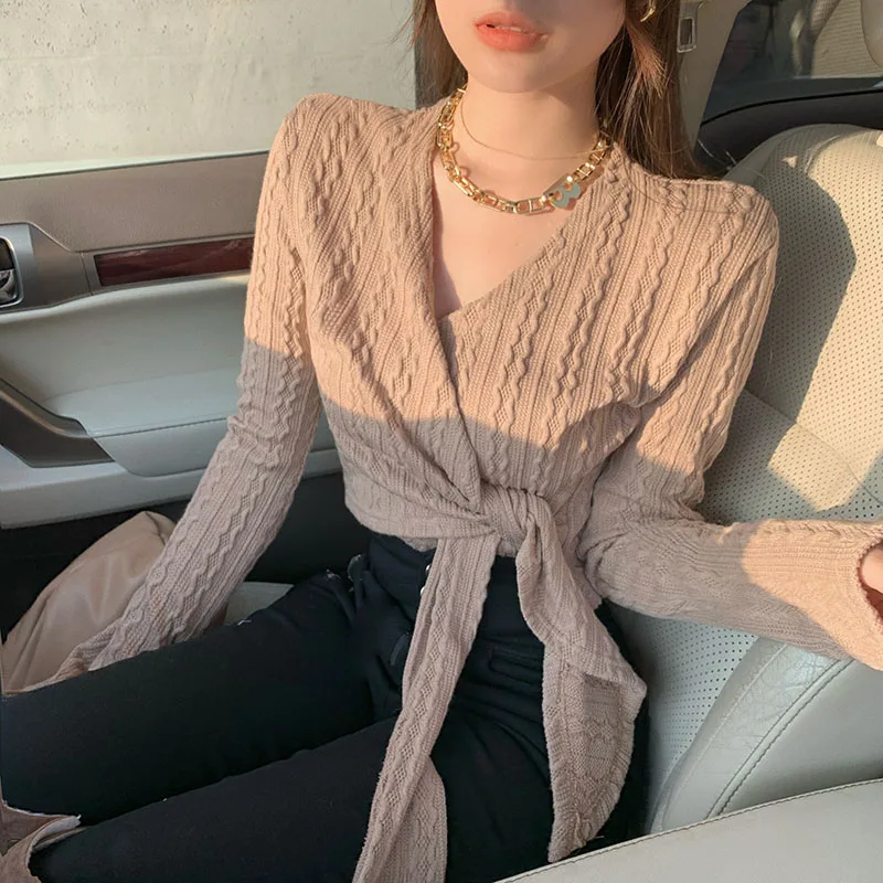 

Women Sweater V-Neck Bandage Waist Sweaters Elegant Knitted Pullovers Long Sleeve Sweater For Women 2021 Autumn Winter