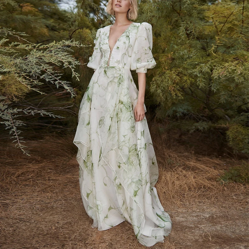 

Vestido De Festa Hot Sale Summer Dress Women Women's Dress 2020 New Design Sense Printed V-neck Lantern Sleeve Temperament Long