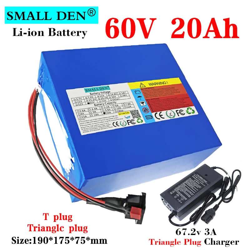 

60V 20Ah 21700 Lithium Battery pack 16S4P 2000W High power Electric bicycle Scooter Motorcycle + 67.2V 3A Triangle Plug Charger
