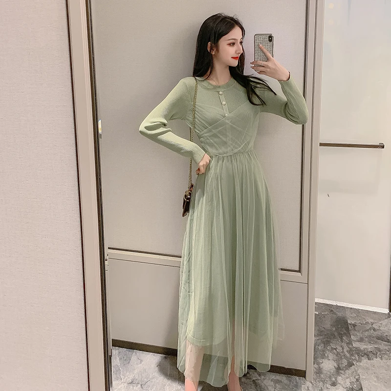 

Новинка Весна 2021, облегающее платье, сетчатые платья с длинным рукавом и имитацией двух частей, Облегающее вязаное Платье До Колена