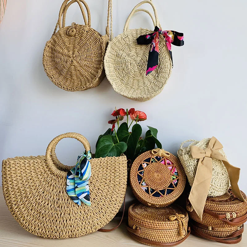 Woven Rattan Bag Round Straw Crossbody Bags Travel Small Beach HandBags Women Summer Hollow Handmade Shoulder |