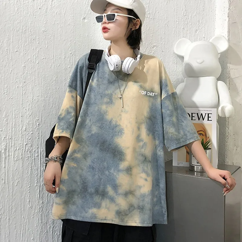 

Harajuku Tie Dyeing Gradient Women Top Tees Short Sleeve Loose Lady Round Neck Women T-shirts 2 Colors S1