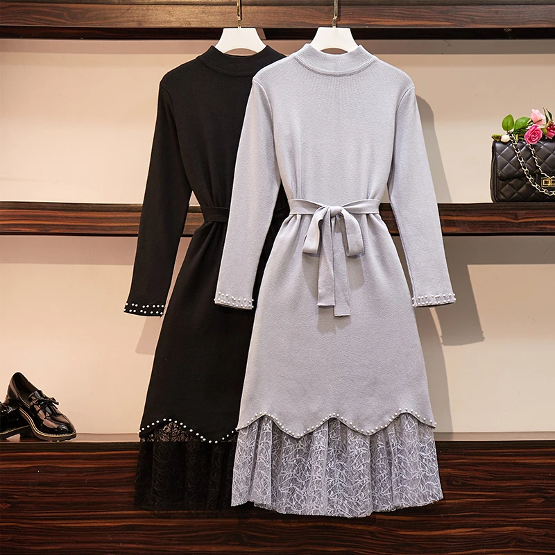 Большой размер осень вязание 2 комплект из двух частей женщин с длинным рукавом и