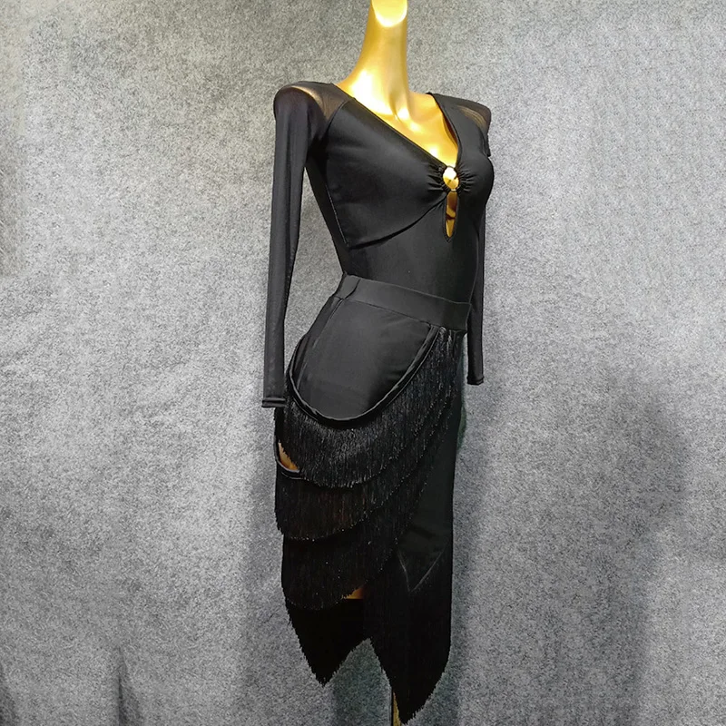 Платье для латиноамериканских танцев черное сексуальное боди на бретельках