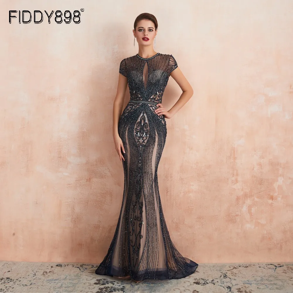 Роскошные Русалка вечернее платье 2020 Кепки рукава полностью вышитое бисером