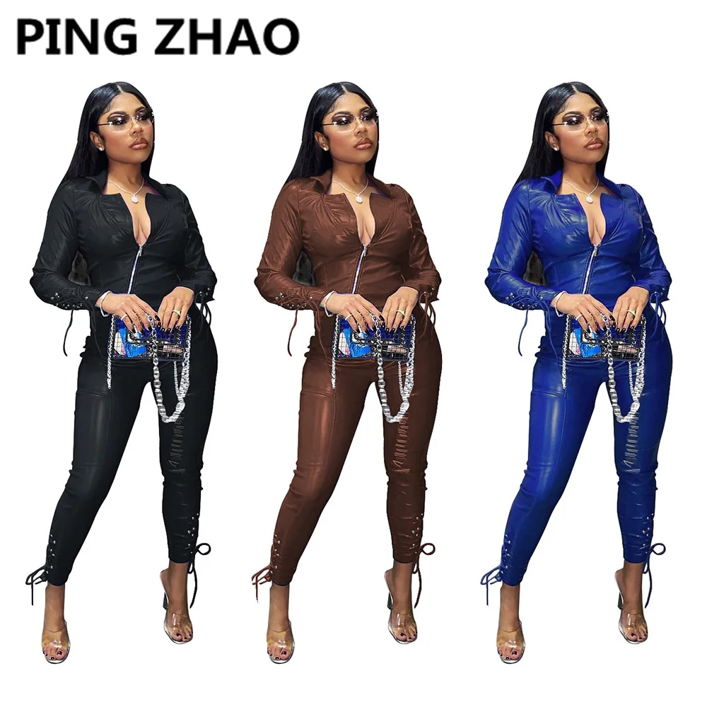 

PING ZHAO Women Set PU Long Sleeve Zipper Tops +Pencil Pant Tracksuit Two Pieces Fashion Sexy Casual Autumn Outfits