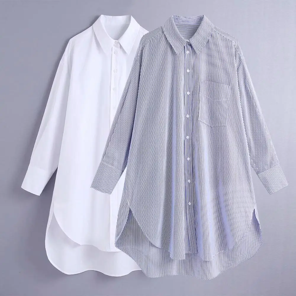 

Autumn 2021 Za White Oversized Button Up Shirts Women Blouses Blue Collar Poplin Shirt Long Sleeve Plus Size Ladies Tops Pocket