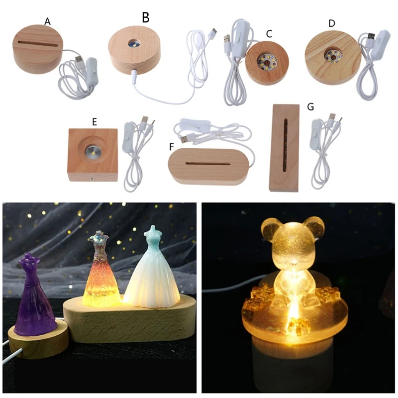 

N0HE Handmade Wood Rectangle Round Oval Shape LED Display Base Resin Art Ornament Wooden Night Lighted Base Stand Crafts