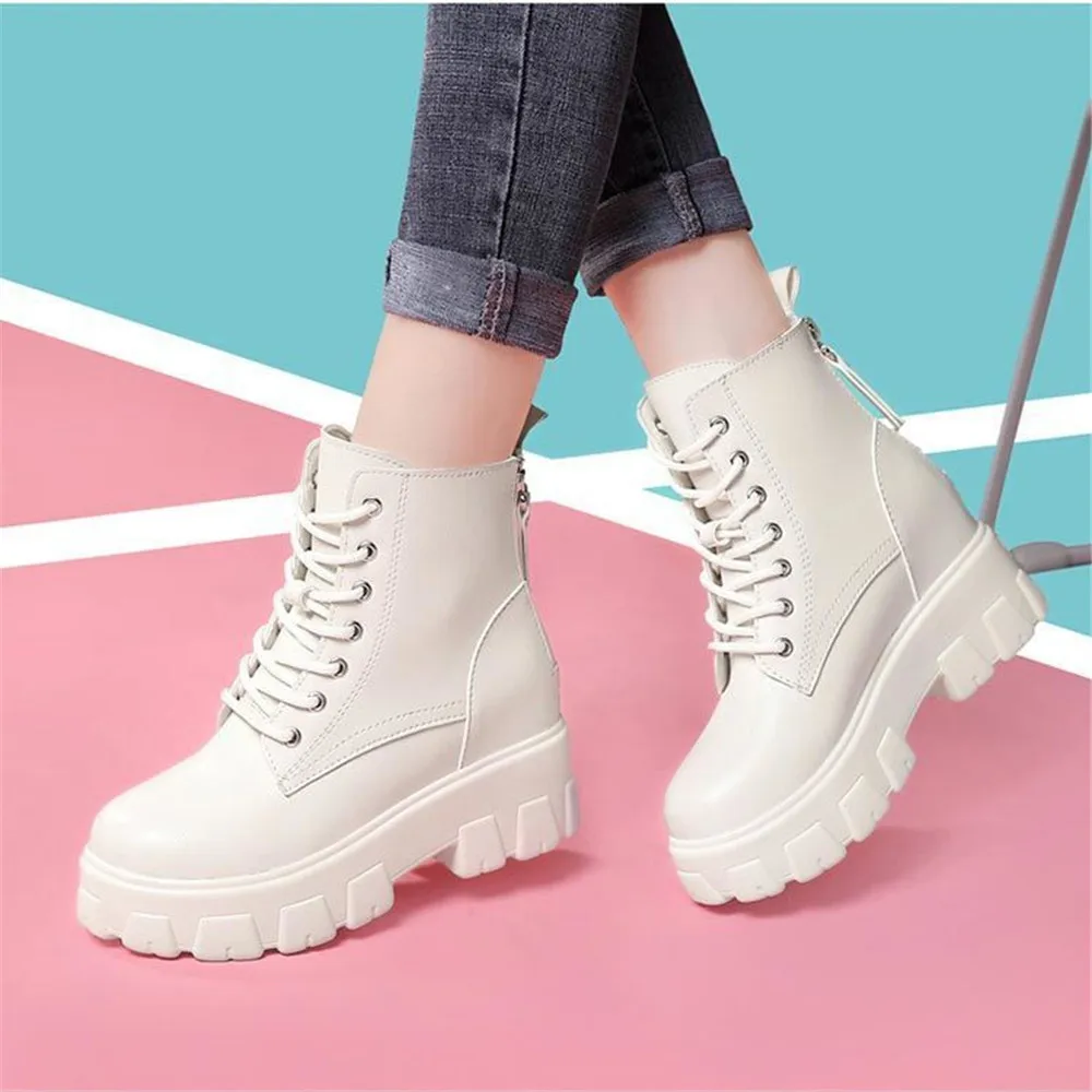 

Women High Heels 8CM Thick Heel Ankle Boots Female Fashion Lace Up Chunky Sneakers Autumn Leather Platform Zip Shoes Black Beige