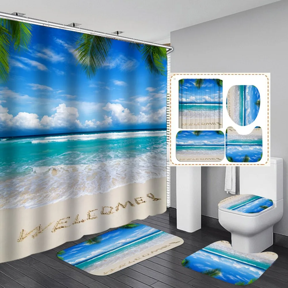 

Beach Landscape 3D Shower Curtain 4pcs Set Waterproof Polyester Non-Slip U Shape Mat Rug Toilet Cover with 12 Hooks Home Decors
