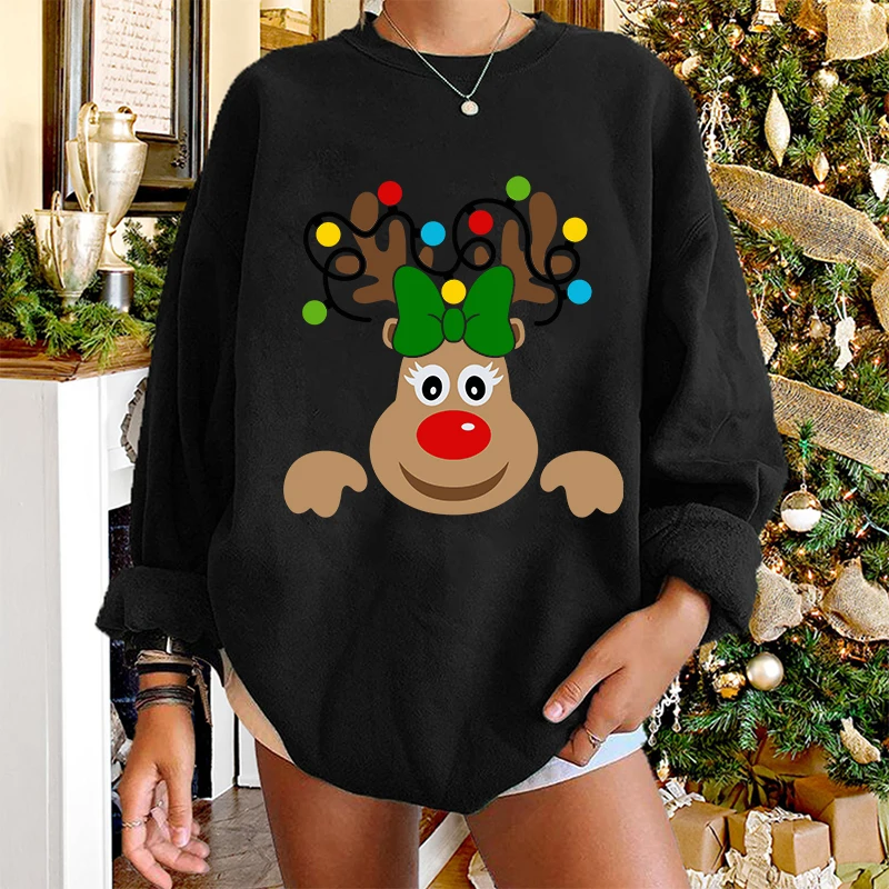 

Oversized Women Women Sweartshirts Harajuku Christmas Reindeer Print Cute Cartoon Sweatshirt Drop Shoulder Long Sleeve Tops