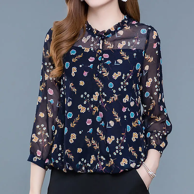 

Chiffon Women Summer Print Stand-Up Collar Casual Blouses Shirts Fashion All-Match Nine Points Sleeve Tops Blusas MM0330