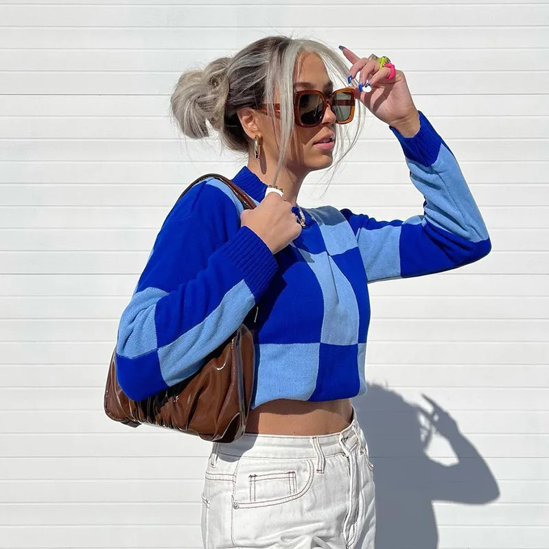 

Женский свитер в клетку Y2k, винтажный трикотажный пуловер с длинным рукавом в стиле Харадзюку, уличная одежда в стиле ретро, осень 2000