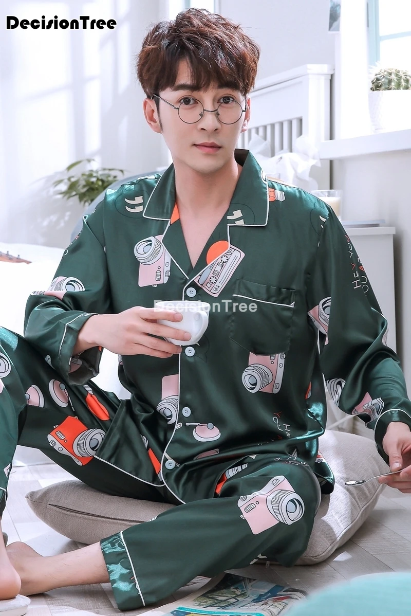 

2021 men pyjama set solid imitate silk pijama hombre suit long sleeve satin pajama man sleepwear pajamas silk men floral print