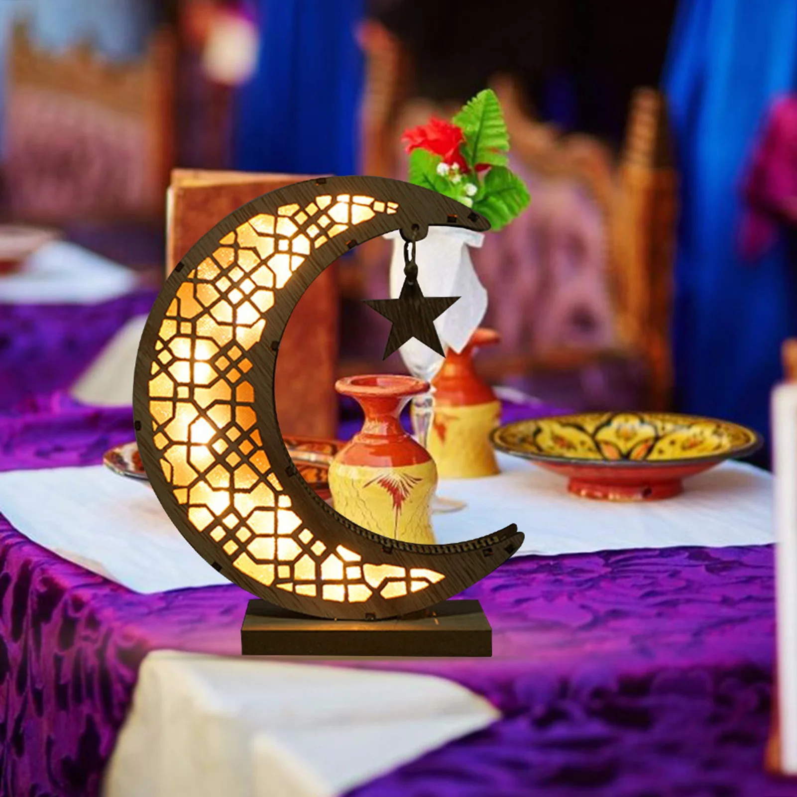 

EID Mubarak Wooden Pendant With Battery Eid Decoration Ramadan Crescent LED Light Wooden Lights Ornament For Home DIY Decoration